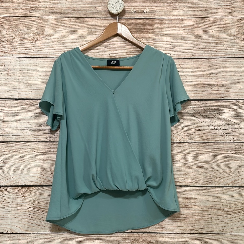 Vici Light Teal Flowy Faux Wrap Blouse Medium